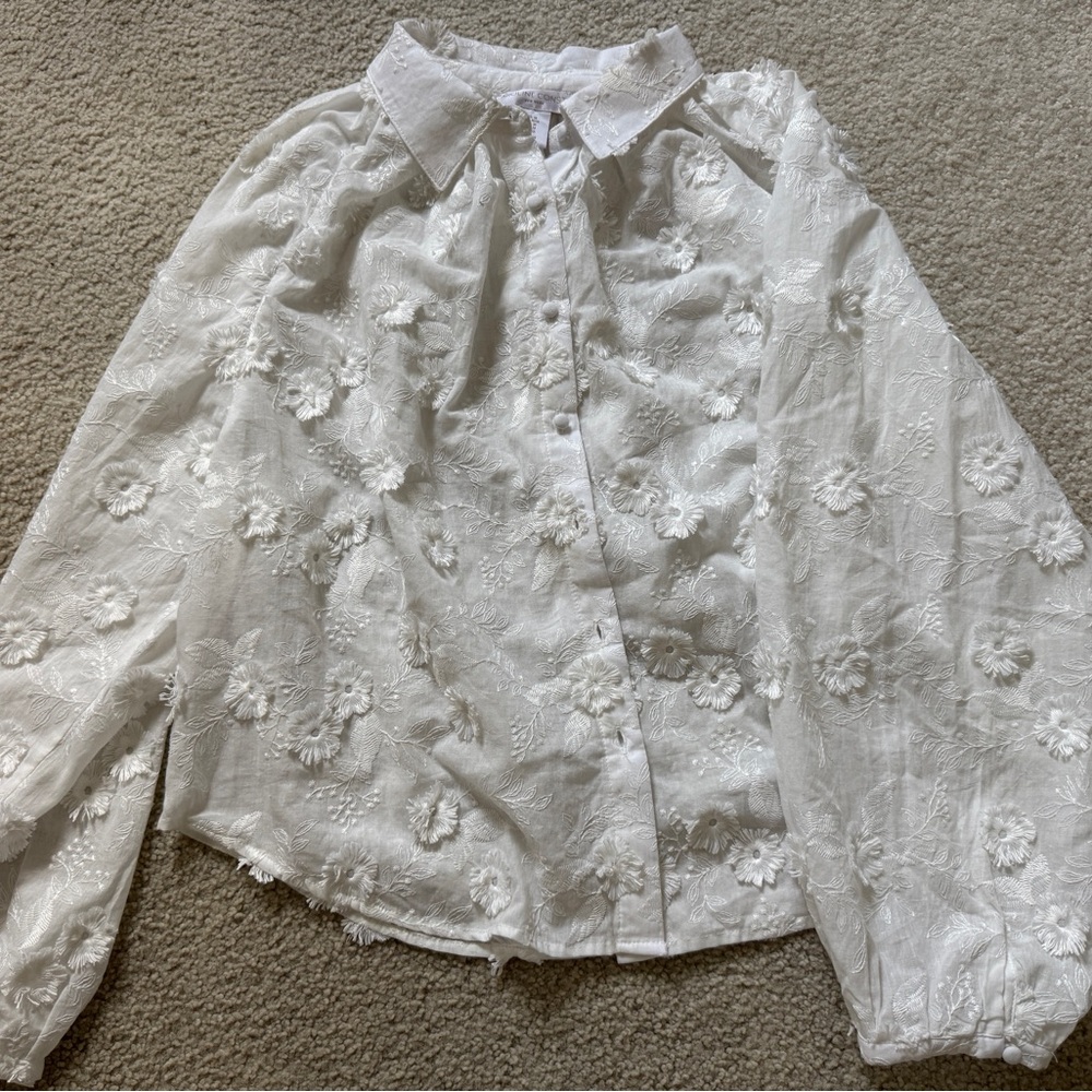 Caroline Constas Women’s White Cotton 3D Floral Top Collar Blouse Size M